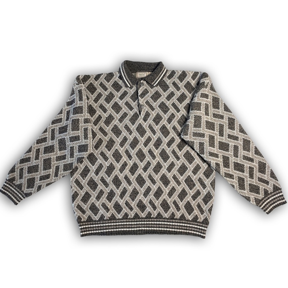 Vintage 90s Bugle Boy Men’s Tan Cream Brown and Gray Collared Sweater